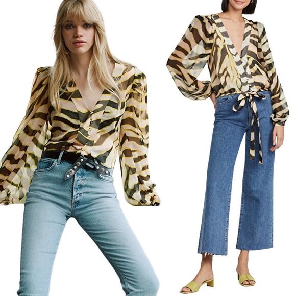 LE SUPERBE Get Ready Zebra Blouse White Black Stripe Tie Top XS 2 - Picture 3 of 6